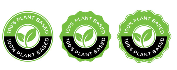 100 Percent Plant-Based vector badge logo – Green Circular Badge with Leaf Icon for Vegan or Organic Products, Vegan Product Stamp