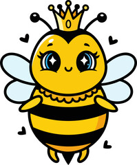 Adorable Queen Bee Cartoon Character – Flat Vector Illustration with Crown, Hearts, and Sparkly Eyes for Kids Designs