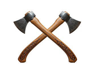 Two viking battle axes crossed with ornate wooden handles isolated on transparent background