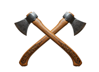 Two viking battle axes crossed with ornate wooden handles isolated on transparent background