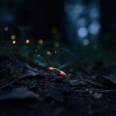 Close-up of a Firefly Glowing in a Dark Forest