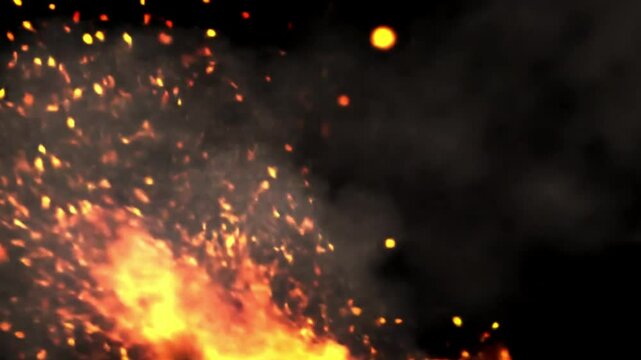 Glowing orange embers burst from bold flames, surrounded by swirling smoke. A dynamic, high-detail fire background full of heat, motion, and atmosphere.