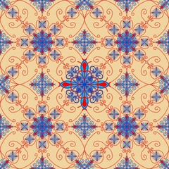 seamless floral pattern,blue and red cruves are combined to form flowers,swords,vases,jars,insects with yellow bavkground in geometric patterns to sarongs,tiles,fabric,printing fabric,tablecloths
