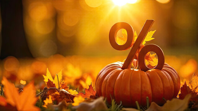 Percentage sign in sun rays, is adorned with autumn yellow leaves and pumpkin. Autumn sale and discounts, Harvest banner and Halloween, flyer with copy space.