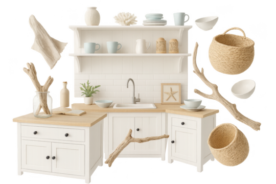 Coastal kitchen decor items and furniture isolated on transparent background