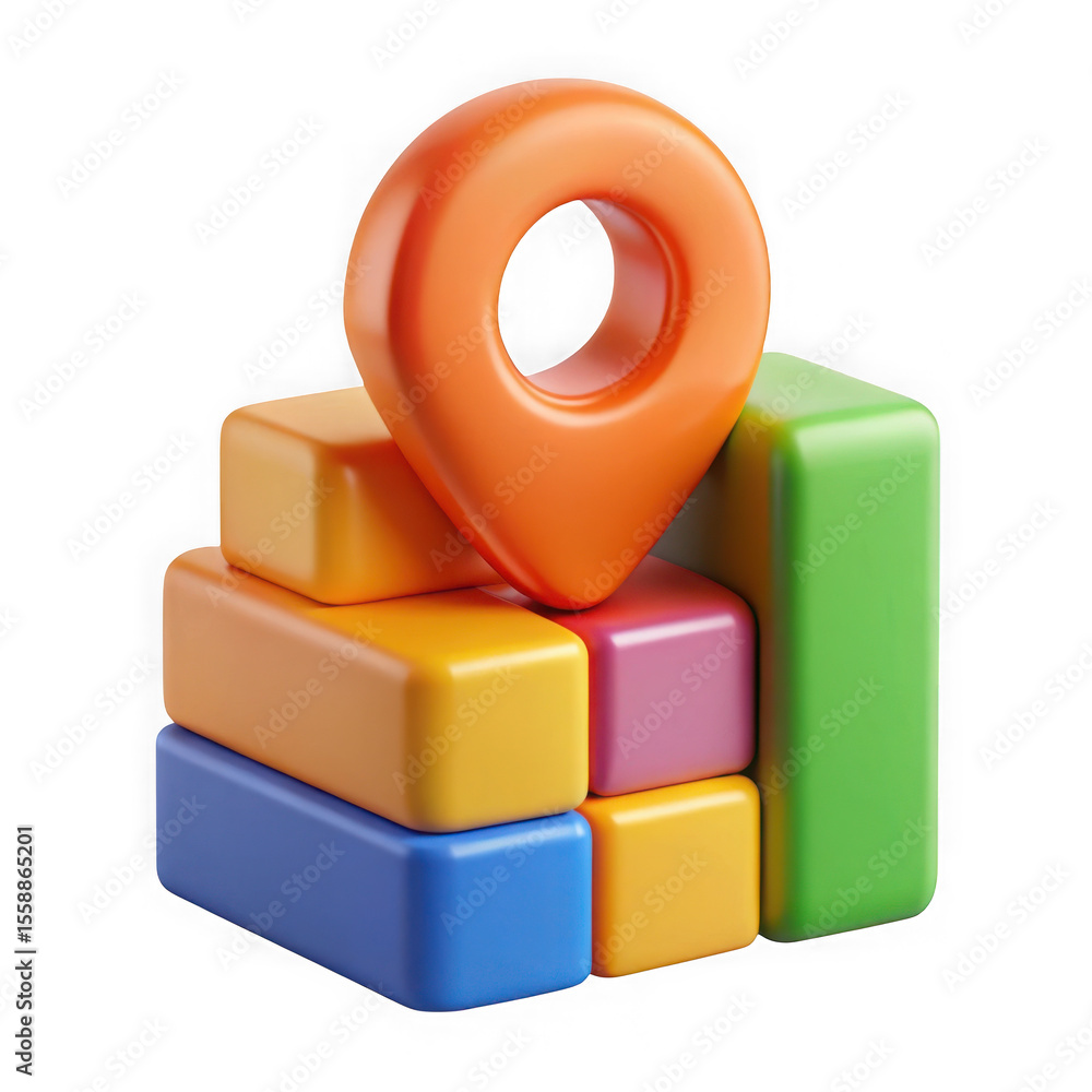 Poster brightly colored 3d blocks stacked together with an orange location pin on top isolated on transpare