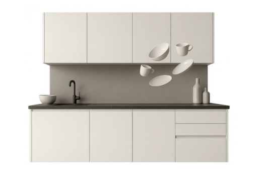 Modern kitchen with floating dishes, isolated on transparent background