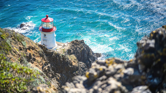 A lighthouse perched on a rocky cliff overlooking the ocean, with a red and white color scheme and a clear blue sky in the background.