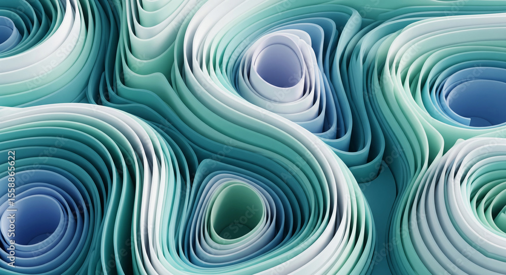 Aufkleber Abstract image of swirling, layered teal and white shapes creating a 3D effect, suggesting depth and movement, ideal for a modern design background