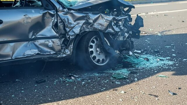 Car wreck with damaged body and shattered glass on the road  