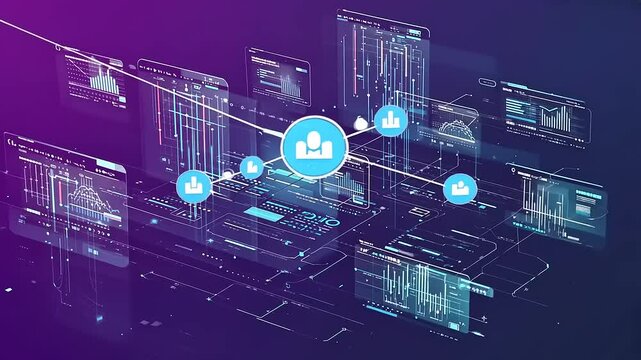 Data network with central node and floating data displays on purple - Powered by Adobe