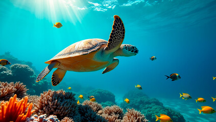 Obraz premium A sea turtle glides effortlessly through clear blue waters, surrounded by colorful coral formations and schools of tropical fish. Sunlight filters from above, illuminating the scene.