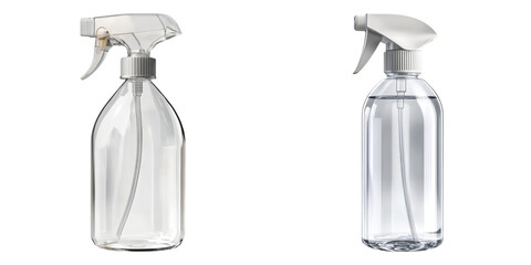 Transparent spray bottles isolated on PNG perfect for household cleaning and cosmetic packaging visuals