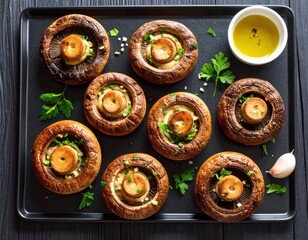 Delicious roasted mushroom caps are neatly arranged on a dark baking tray, garnished with fresh green herbs and golden olive oil.