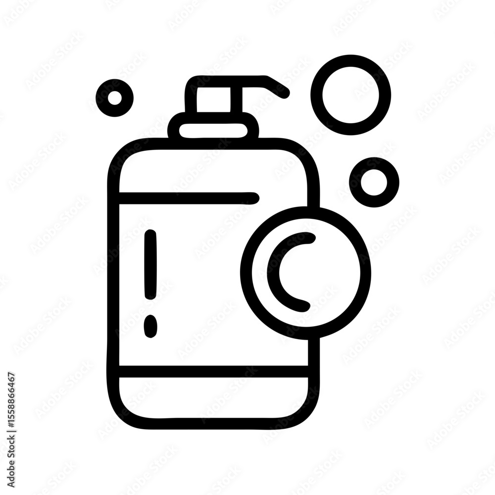Poster soap dispenser with bubbles in simple vector linear icon style