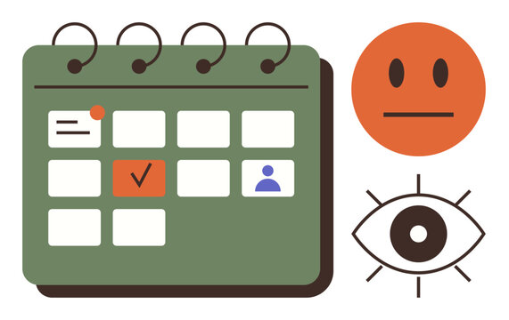 Calendar organizer with marked events, user identification, and completion status alongside minimalistic face and eye icons. Ideal for planning, organization, productivity, scheduling, awareness