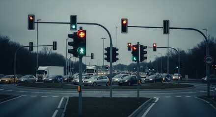 Busy Roundabout Traffic at Dusk A City Intersection