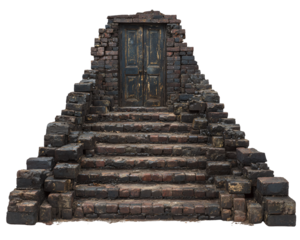 Stairway with Weathered Brick Steps Leading to Closed Wooden Door