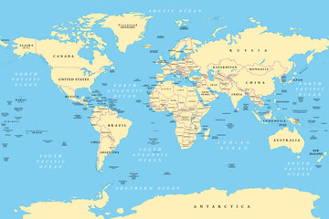 World, general reference map, political divisions. Political map with international country borders, continents, oceans, and largest lakes, in a cylindrical projection. English labeling. Vector