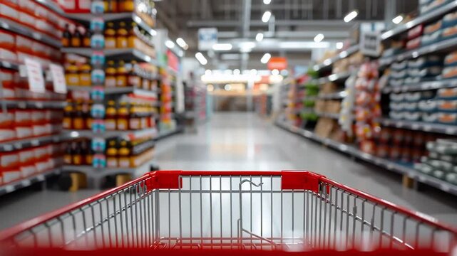 Shopping cart in supermarket aisle surrounded by fully stocked shelves with various products, creating a retail shopping atmosphere. Concept of consumerism, retail and grocery shopping
