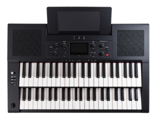Digital Electronic Piano Keyboard with LCD Screen and Control Buttons, Top-Down View, Transparent PNG
