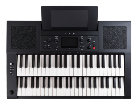Digital Electronic Piano Keyboard with LCD Screen and Control Buttons, Top-Down View, Transparent PNG - Powered by Adobe