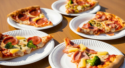 Slices of pizza with various toppings on disposable plates, arranged on a wooden surface outdoors in sunlight, showcasing a casual outdoor meal scene