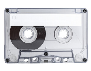 Fototapeta premium Vintage Audio Cassette Tape with Transparent Shell, Front View, Isolated on Transparent Background