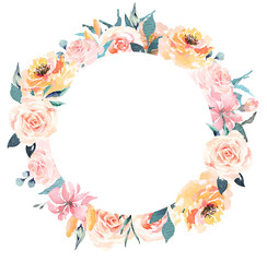 Flowers wreath.Painted in watercolor.Elegant floral ring for invitation, wedding or greeting cards.Vintage romantic style.Flower circle.