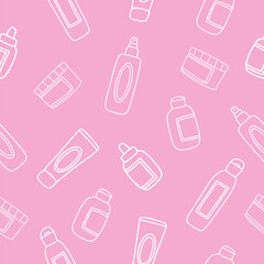 Seamless Pattern with beauty products in line art style. Skincare product vector illustration.