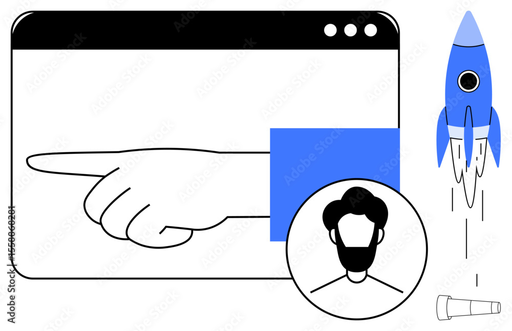 Poster digital navigation and launch symbolized by a pointing hand in a browser window, a blue rocket in mo