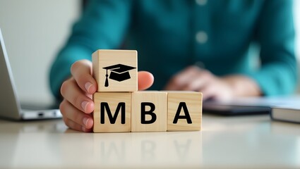 MBA Education Concept with Wooden Blocks and Graduation Cap Symbol