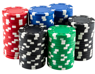 Stacks of Multicolored Poker Chips in Various Heights, Isolated on Transparent Background
