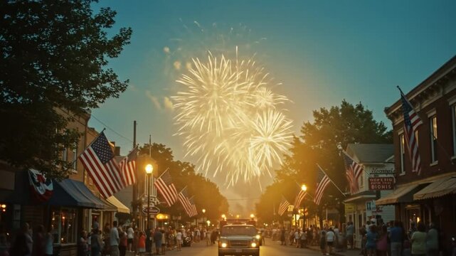 Watching Fireworks Display over Small Town Street at Dusk Evening