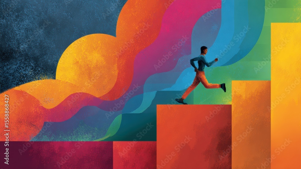 Poster person running on an abstract progress bar symbolizes productivity and growth in a colorful and dyna