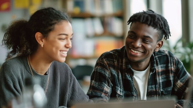 Smiling young adults engaged in conversation during study session in a cozy cafe.