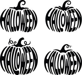 Four Black and White Halloween Pumpkin Silhouettes with Halloween Text Forming the Pumpkin Shape Perfect for Holiday Decorations Invitations or Spooky Designs on a White