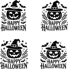 Four Halloween Designs Featuring Pumpkin Faces Witch Hats Bats Stars and Foliage with the Words Happy Halloween in a Decorative Font all in a Black