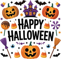 Festive Happy Halloween Illustration with Pumpkins Haunted House Bats Candy and Witch Brooms Perfect for Holiday Greetings Decorations and Creative Projects Isolated on a White