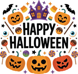 Festive Halloween Illustration with Pumpkins Bats and Candy A Colorful and Playful Design Perfect for Holiday Greetings Invitations or Decorative Elements for Spooky Celebrations colorful