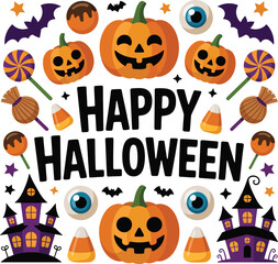 Festive Happy Halloween Illustration with Pumpkins Haunted Houses Candy and Other Spooky Elements Arranged in a Square Frame on a White Background for Holiday Celebrations
