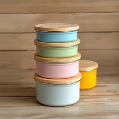 Stack of Colorful Reusable Lunch Tins with Wooden Lids on Wooden Table – Flat Lay
