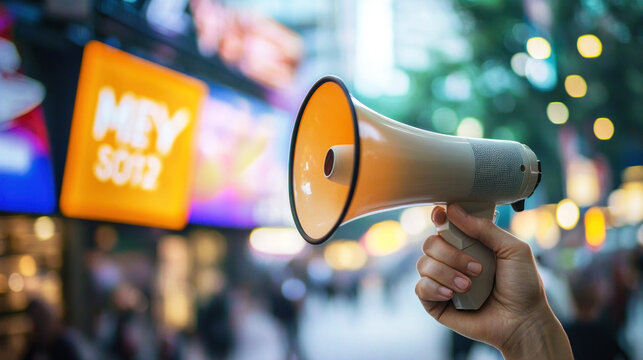 A hand holding a megaphone in a bustling city street, with a blurred background featuring a large billboard with the text 'MEY S012' and other advertisements.