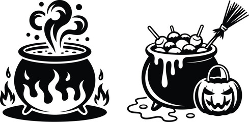 Spooky Halloween Icons Two Witch s Cauldrons and a Pumpkin Featuring Bubbling Potions Flames Candy Apples and a Broom Presented in a Clean Black and