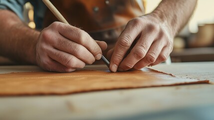Craftsman meticulously cutting leather in a workshop during daylight hours to create handmade products