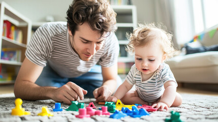 Fototapeta premium A man and a baby playing with colorful plastic toys on a gray rug in a brightly lit room with bookshelves and a window.