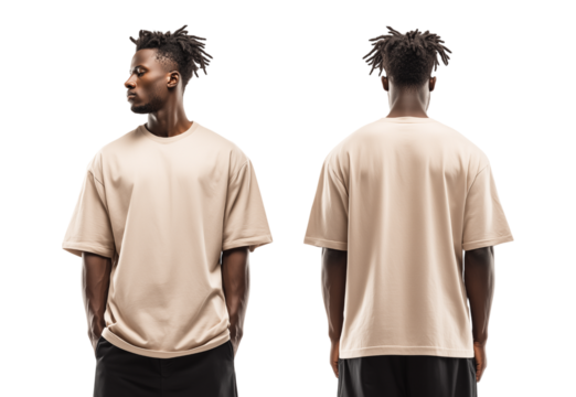 Beige-colored oversized T-shirt mockup, male model from front and back isolated on a transparent background - Powered by Adobe
