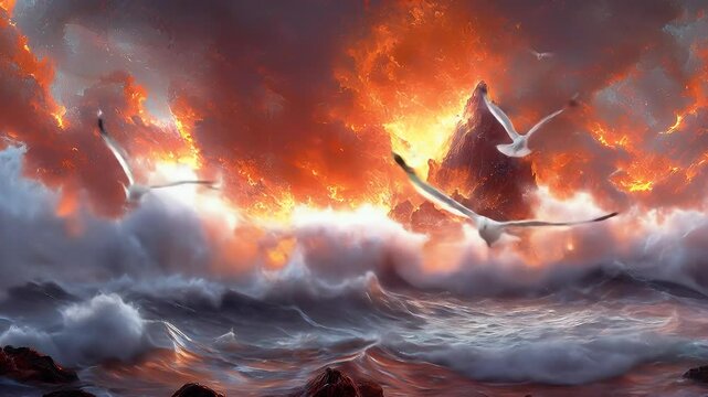 Fiery ocean storm engulfing rocky peaks