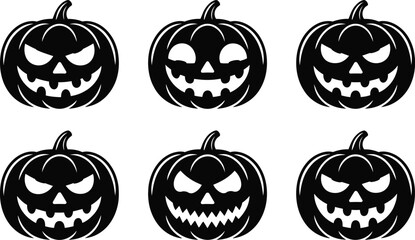 A Collection of Six Black Halloween Pumpkin Silhouettes with Different Facial Expressions Perfect for Spooky Season Decorations Invitations or Digital Designs on a Clean White