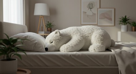 Fluffy white bear plush toy resting on a bed.